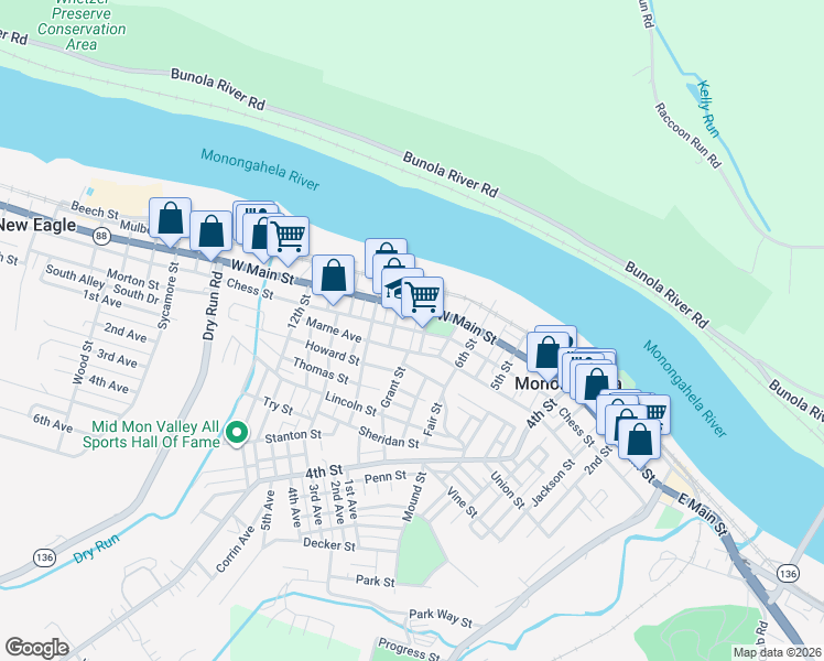 map of restaurants, bars, coffee shops, grocery stores, and more near 728 Chess Street in Monongahela