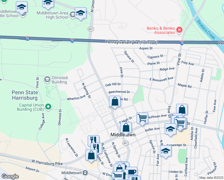 map of restaurants, bars, coffee shops, grocery stores, and more near 11 Beechwood Drive in Middletown