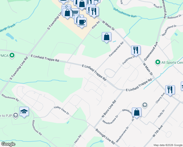 map of restaurants, bars, coffee shops, grocery stores, and more near 6 Aubrey Court in Royersford