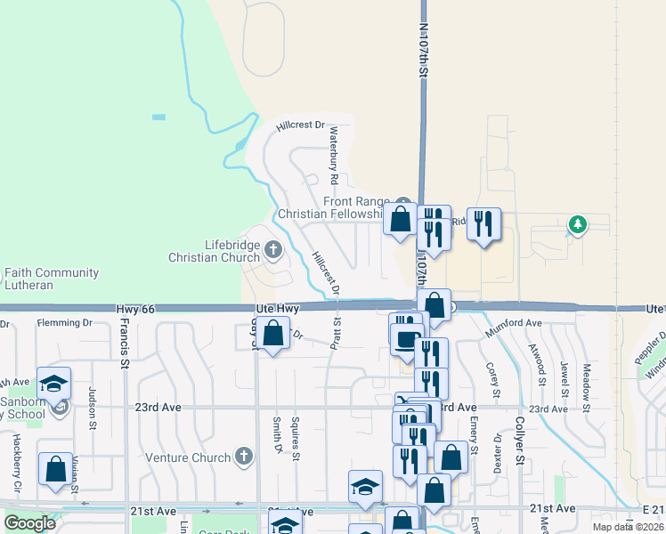 map of restaurants, bars, coffee shops, grocery stores, and more near 12676 Hillcrest Drive in Longmont