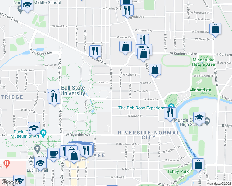 map of restaurants, bars, coffee shops, grocery stores, and more near 1213 West Marsh Street in Muncie