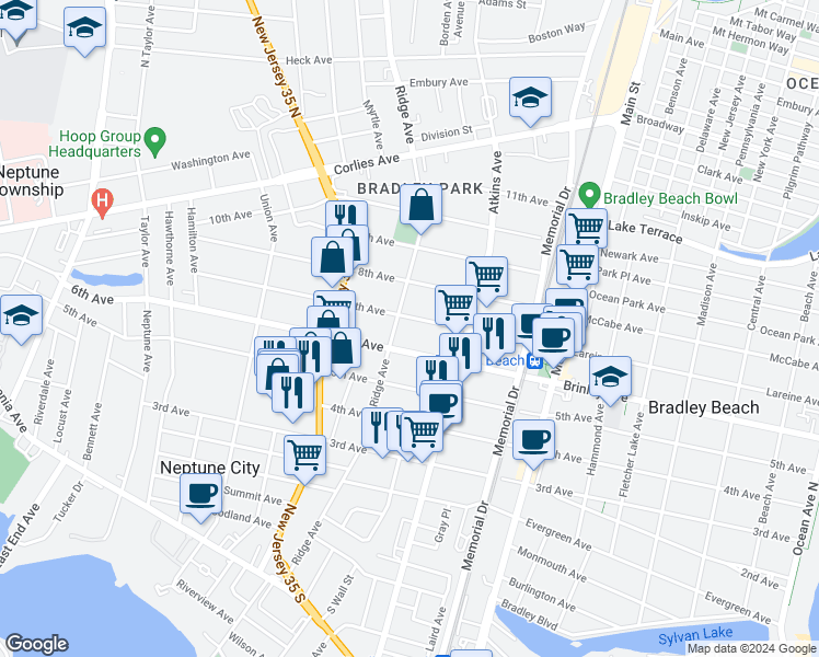 map of restaurants, bars, coffee shops, grocery stores, and more near 1222 7th Avenue in Neptune City