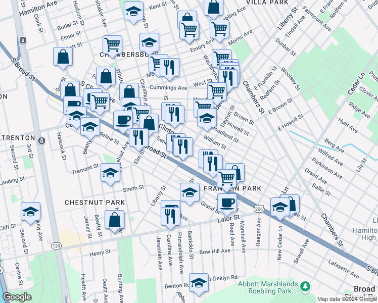 map of restaurants, bars, coffee shops, grocery stores, and more near 327 Liberty Street in Trenton