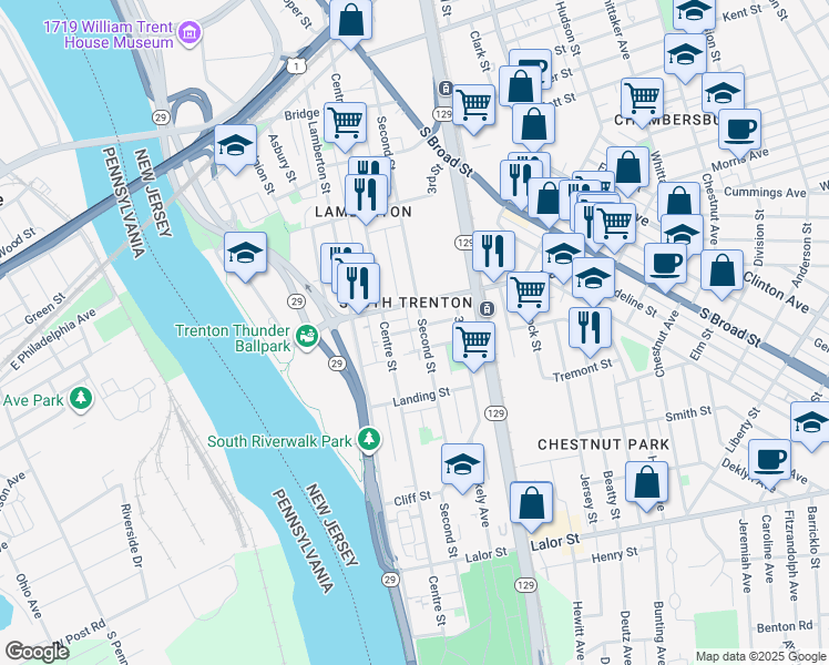 map of restaurants, bars, coffee shops, grocery stores, and more near 537 Second Street in Trenton