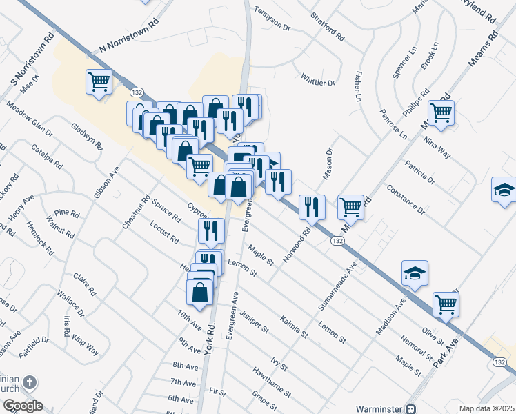 map of restaurants, bars, coffee shops, grocery stores, and more near 555 Evergreen Avenue in Warminster