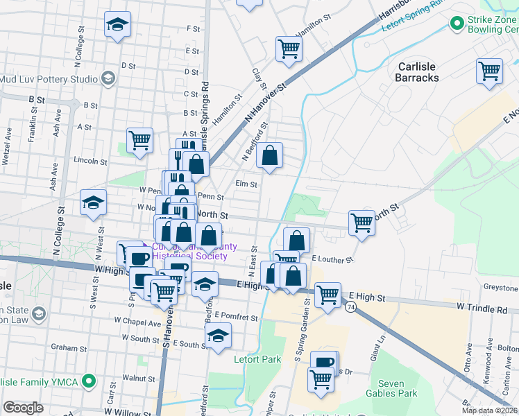 map of restaurants, bars, coffee shops, grocery stores, and more near 212 North East Street in Carlisle