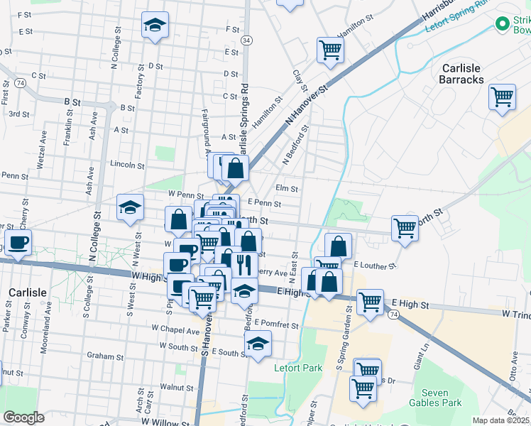 map of restaurants, bars, coffee shops, grocery stores, and more near 123 East North Street in Carlisle