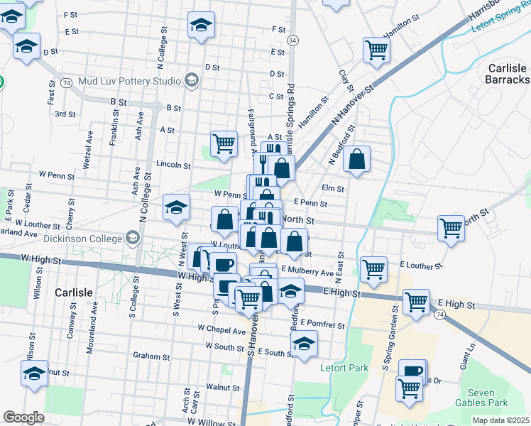 map of restaurants, bars, coffee shops, grocery stores, and more near 163 North Hanover Street in Carlisle