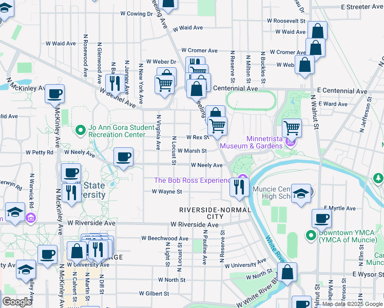 map of restaurants, bars, coffee shops, grocery stores, and more near 917 West Marsh Street in Muncie