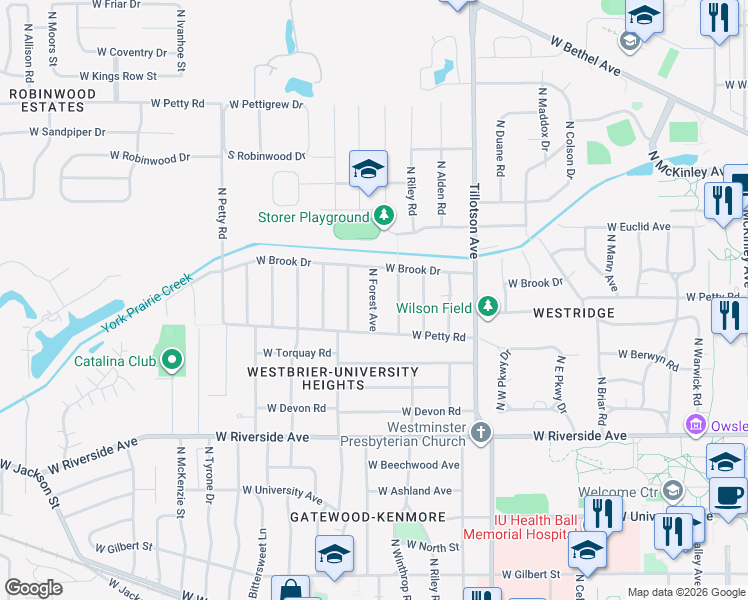 map of restaurants, bars, coffee shops, grocery stores, and more near 1223 North Winthrop Road in Muncie