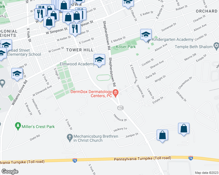 map of restaurants, bars, coffee shops, grocery stores, and more near 18 Southpoint Drive in Mechanicsburg