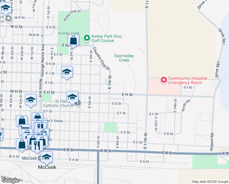 map of restaurants, bars, coffee shops, grocery stores, and more near 805 East H Street in McCook