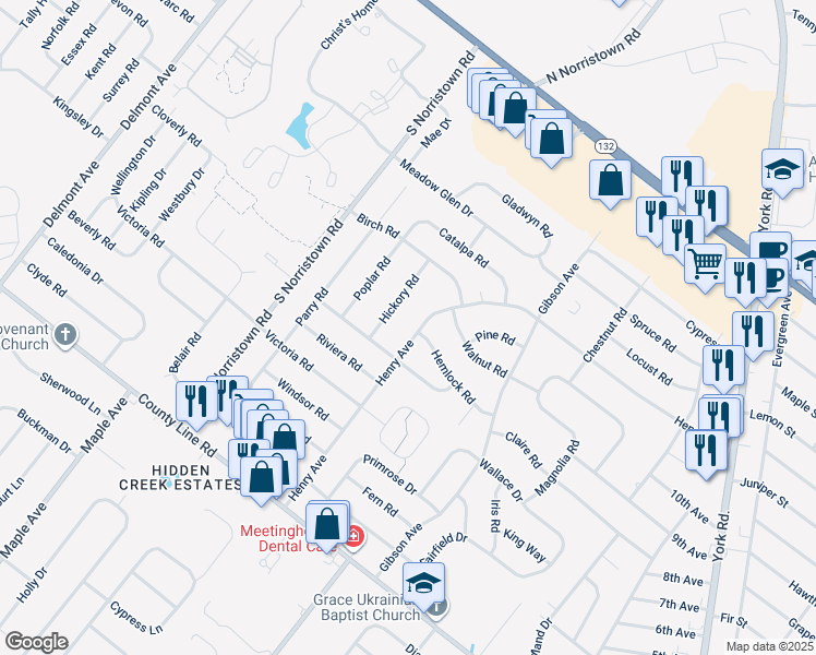map of restaurants, bars, coffee shops, grocery stores, and more near 266 Henry Avenue in Warminster