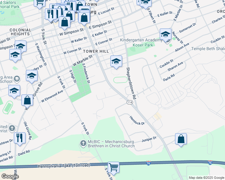 map of restaurants, bars, coffee shops, grocery stores, and more near 808 South Market Street in Mechanicsburg