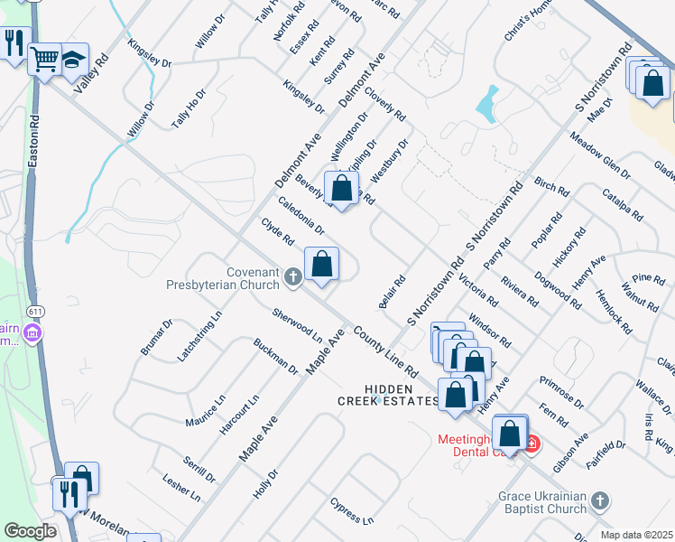 map of restaurants, bars, coffee shops, grocery stores, and more near 1219 Clyde Road in Warminster