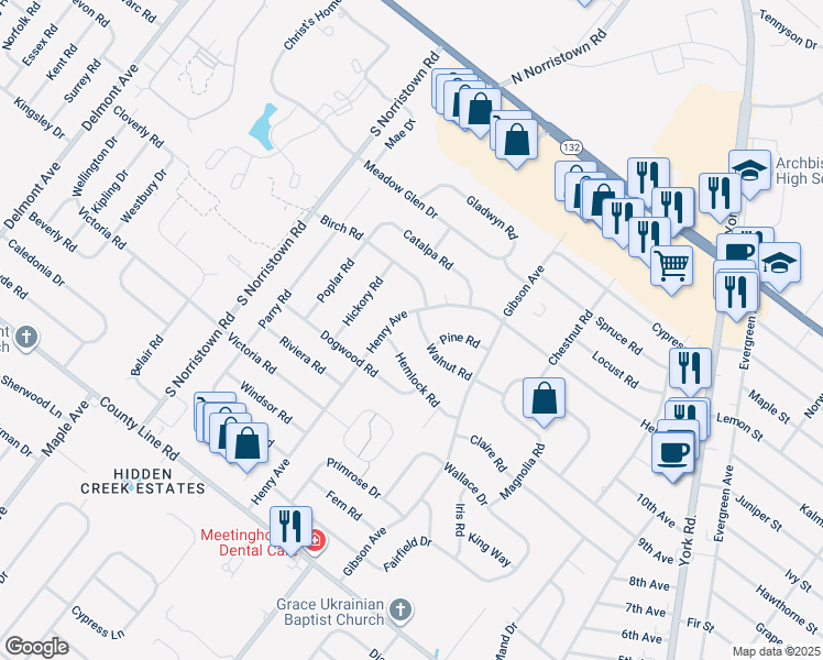 map of restaurants, bars, coffee shops, grocery stores, and more near 932 Walnut Road in Warminster