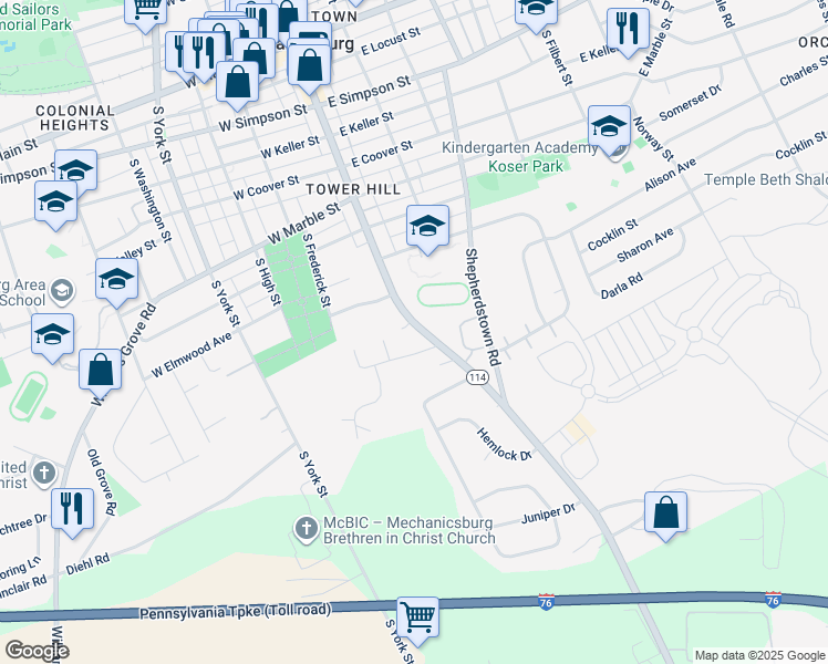 map of restaurants, bars, coffee shops, grocery stores, and more near 808 South Market Street in Mechanicsburg