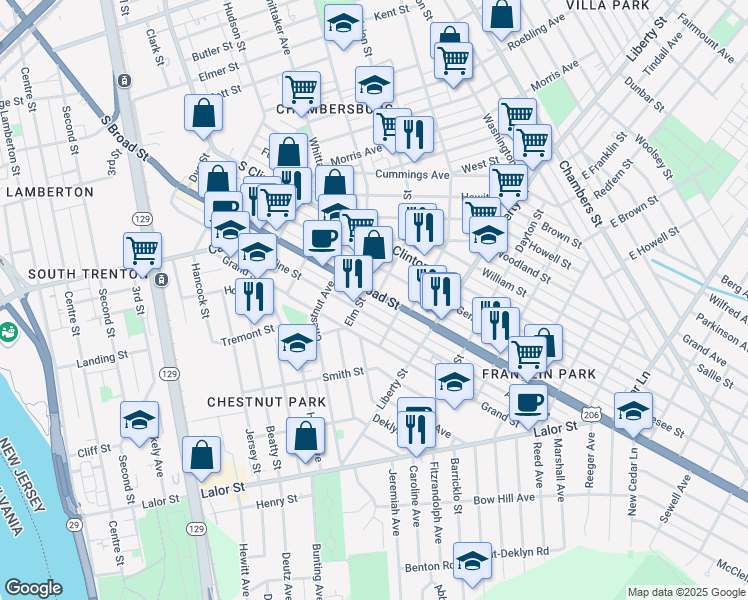map of restaurants, bars, coffee shops, grocery stores, and more near 1035 South Broad Street in Trenton