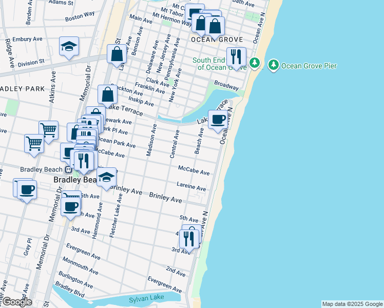 map of restaurants, bars, coffee shops, grocery stores, and more near 809 Beach Avenue in Bradley Beach