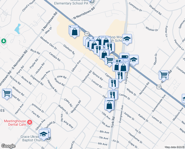 map of restaurants, bars, coffee shops, grocery stores, and more near 740 Spruce Road in Warminster