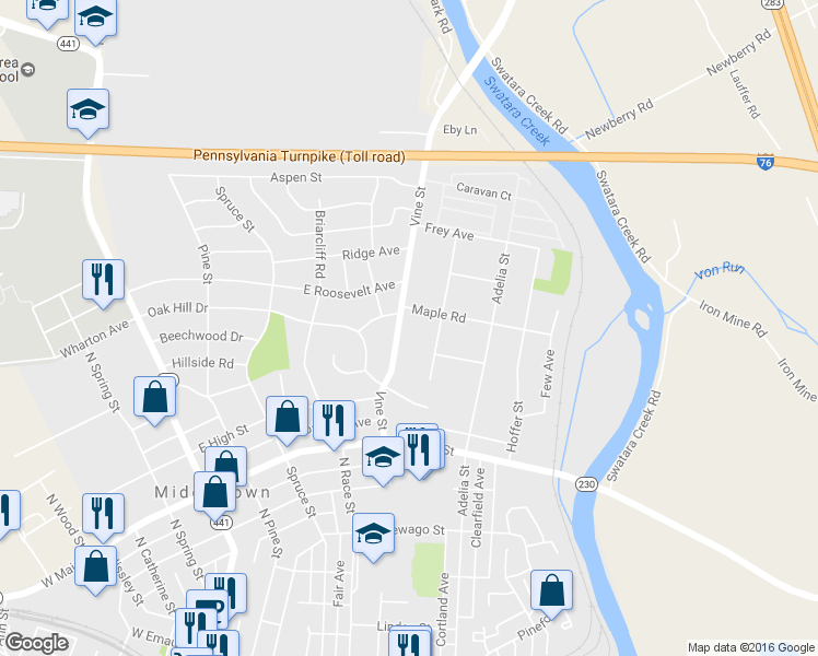 map of restaurants, bars, coffee shops, grocery stores, and more near 634 Vine Street in Middletown