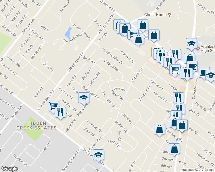map of restaurants, bars, coffee shops, grocery stores, and more near 932 Walnut Road in Warminster