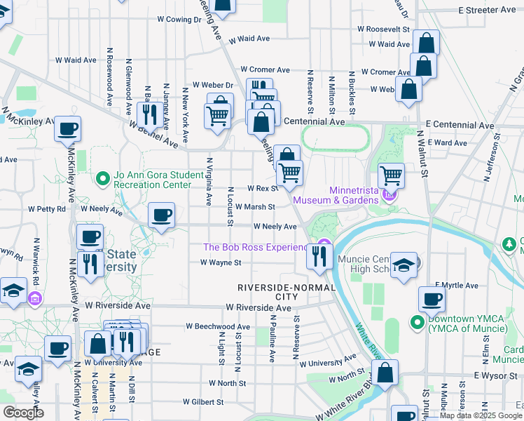 map of restaurants, bars, coffee shops, grocery stores, and more near 917 West Marsh Street in Muncie