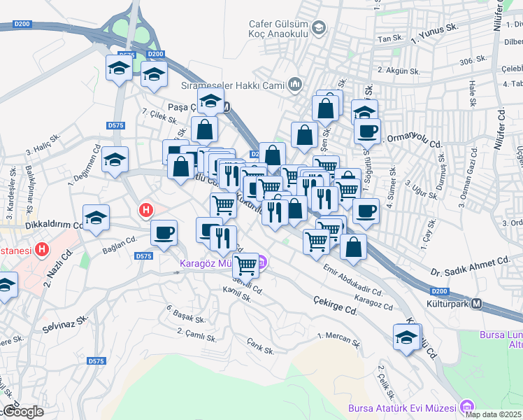 map of restaurants, bars, coffee shops, grocery stores, and more near in Osmangazi