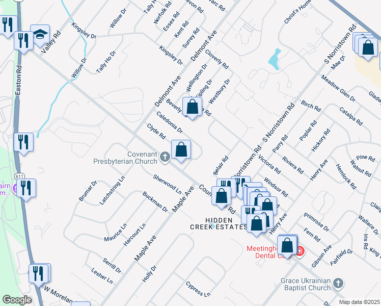 map of restaurants, bars, coffee shops, grocery stores, and more near 1219 Clyde Road in Warminster