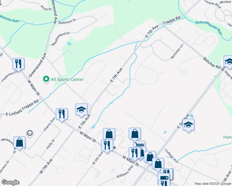 map of restaurants, bars, coffee shops, grocery stores, and more near 170 East 7th Avenue in Collegeville