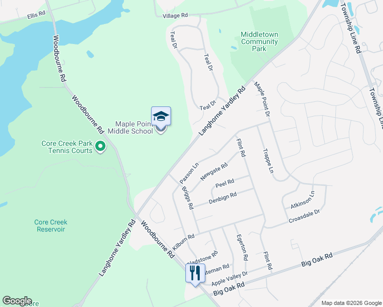 map of restaurants, bars, coffee shops, grocery stores, and more near 2235 Langhorne Yardley Road in Langhorne