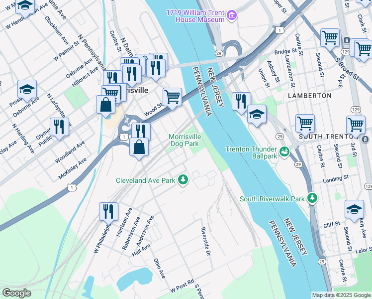 map of restaurants, bars, coffee shops, grocery stores, and more near 42 Riverview Avenue in Morrisville
