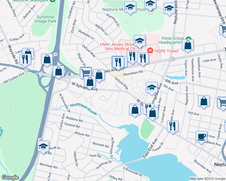 map of restaurants, bars, coffee shops, grocery stores, and more near 301 West Sylvania Avenue in Neptune