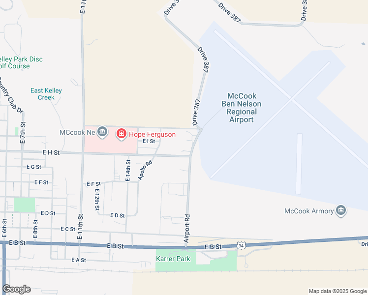 map of restaurants, bars, coffee shops, grocery stores, and more near 802 Airport Road in McCook
