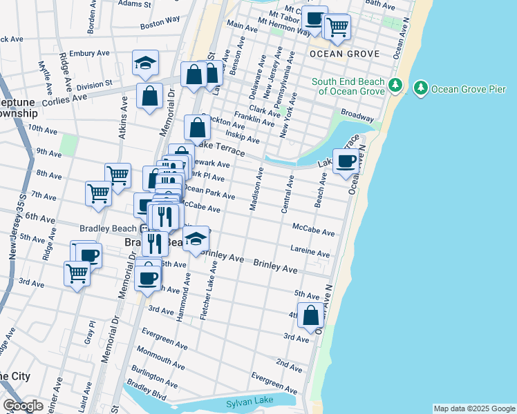 map of restaurants, bars, coffee shops, grocery stores, and more near 314 McCabe Avenue in Bradley Beach