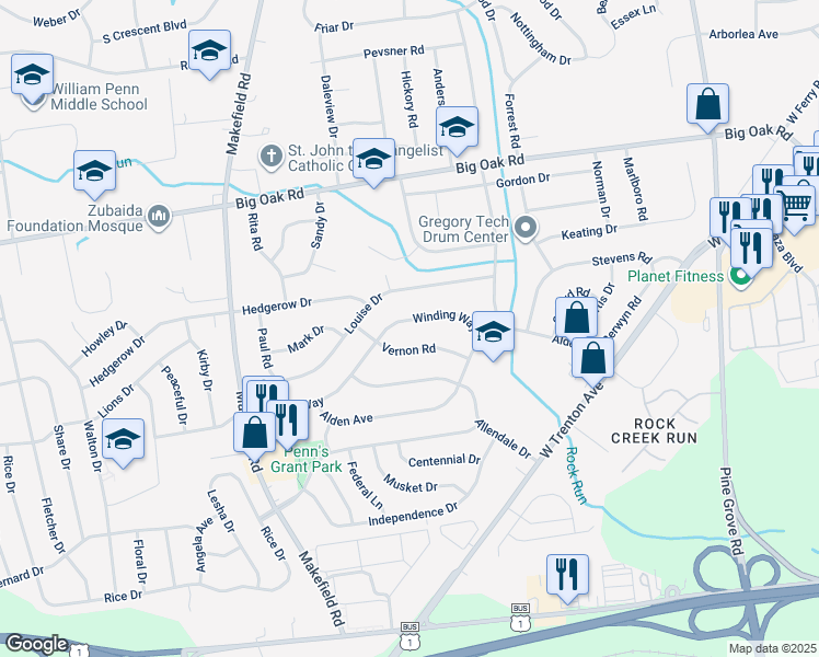 map of restaurants, bars, coffee shops, grocery stores, and more near 207 Winding Way in Morrisville