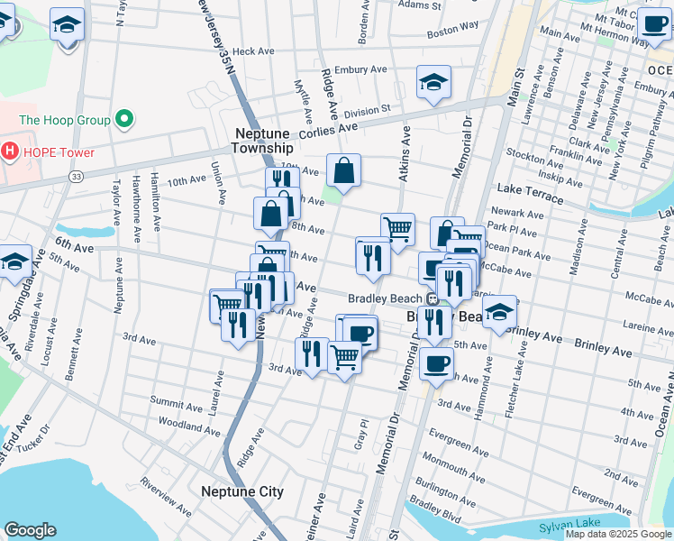 map of restaurants, bars, coffee shops, grocery stores, and more near 1222 7th Avenue in Neptune City