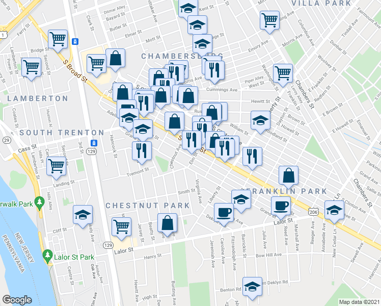 map of restaurants, bars, coffee shops, grocery stores, and more near 526 Adeline Street in Trenton