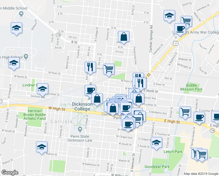 map of restaurants, bars, coffee shops, grocery stores, and more near 159 North West Street in Carlisle