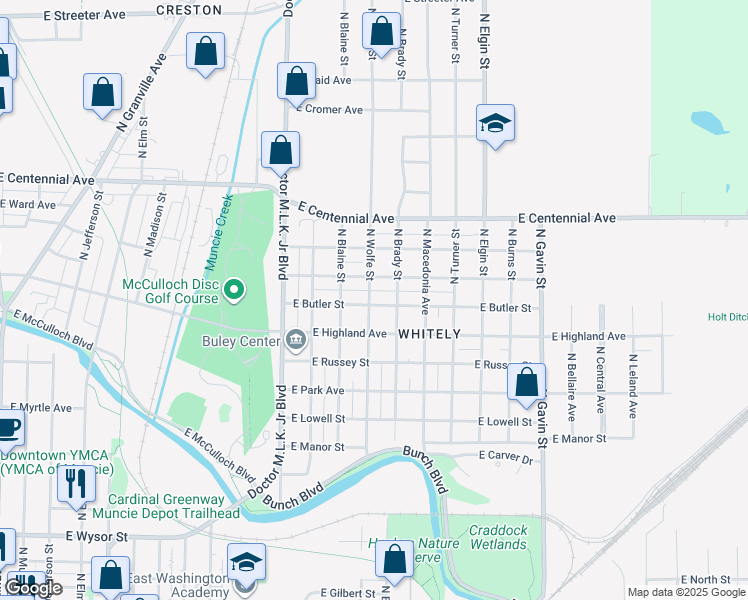 map of restaurants, bars, coffee shops, grocery stores, and more near 1407 East Butler Street in Muncie
