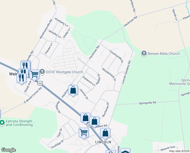 map of restaurants, bars, coffee shops, grocery stores, and more near 38 Perseverance Lane in Ephrata