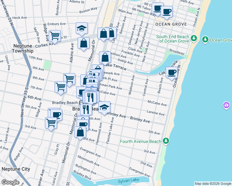 map of restaurants, bars, coffee shops, grocery stores, and more near 505 McCabe Avenue in Bradley Beach