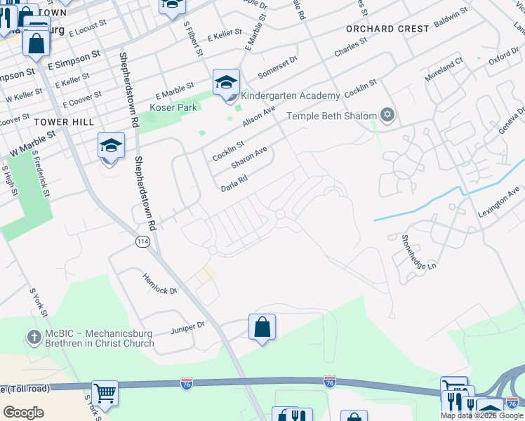 map of restaurants, bars, coffee shops, grocery stores, and more near 318 Edge Towne Lane in Mechanicsburg