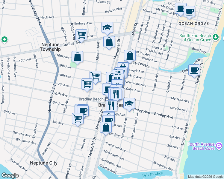 map of restaurants, bars, coffee shops, grocery stores, and more near 708 Main Street in Bradley Beach
