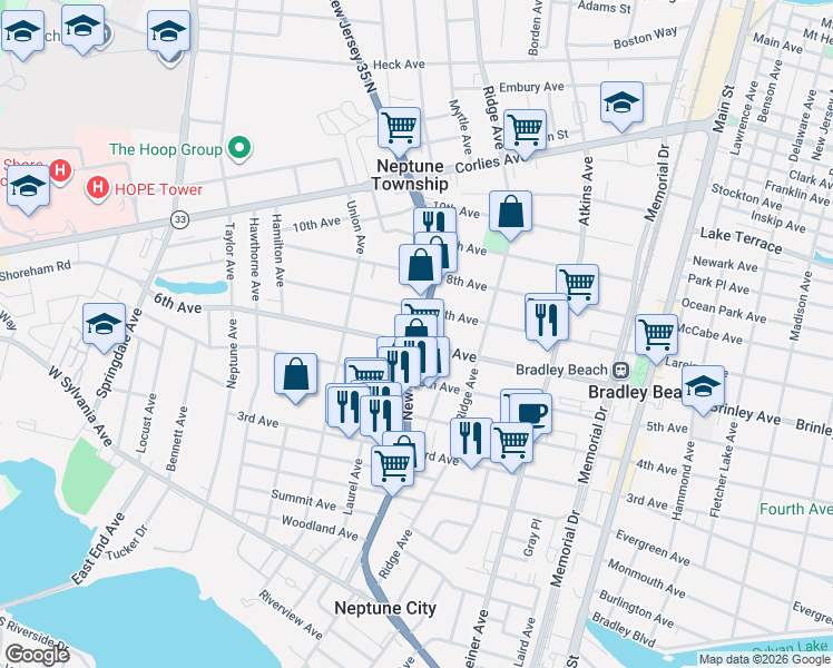map of restaurants, bars, coffee shops, grocery stores, and more near 1329 6th Avenue in Neptune City