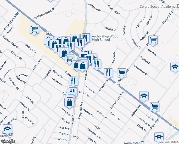 map of restaurants, bars, coffee shops, grocery stores, and more near 555 Evergreen Avenue in Warminster
