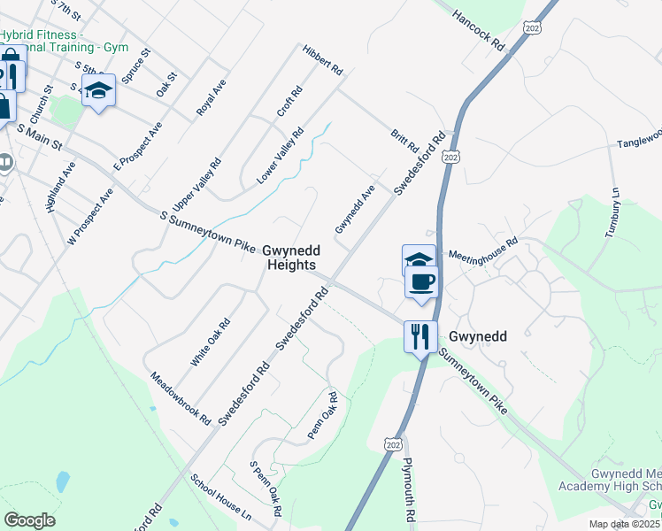 map of restaurants, bars, coffee shops, grocery stores, and more near 1100 Swedesford Road in North Wales