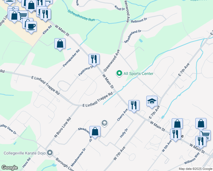 map of restaurants, bars, coffee shops, grocery stores, and more near 19 Springfield Drive in Collegeville