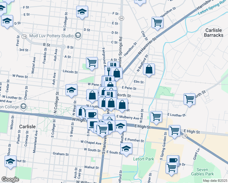 map of restaurants, bars, coffee shops, grocery stores, and more near 163 North Hanover Street in Carlisle