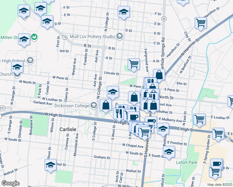 map of restaurants, bars, coffee shops, grocery stores, and more near 145 Frederick Avenue in Carlisle